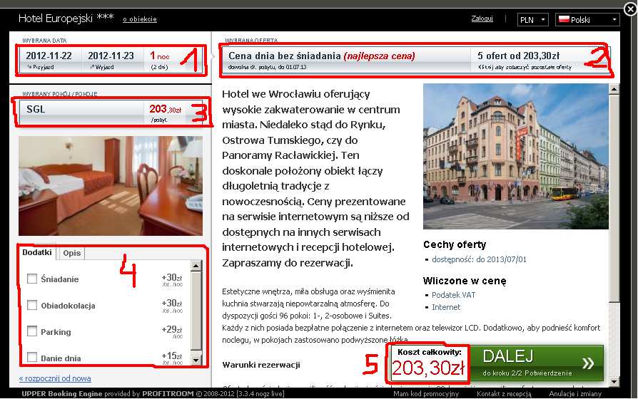 3. Po wyświetleniu okna rezerwacyjnego otrzymujemy krótką notkę o hotelu, cechach wybranej oferty i warunkach rezerwacji. W tym oknie wybieramy interesujący nas termin pobytu (pkt.