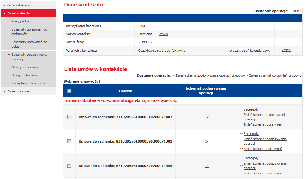 5.1 DANE KONTEKSTU ipko biznes Przewodnik Administratora (wersja 5/2014) W tym miejscu dostępne są informacje dotyczące kontekstu, listy umów w kontekście, listy usług w kontekście oraz listy