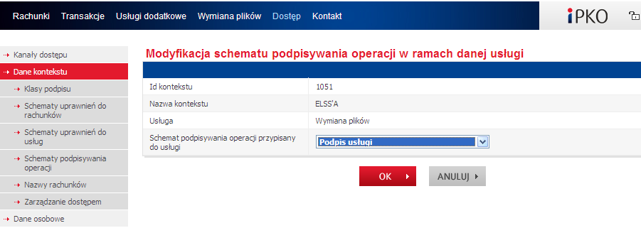 Na kolejnym ekranie należy z listy rozwijanej wybrać odpowiedni schemat podpisywania operacji. Pojedyncze przypisanie schematu podpisywania operacji do usług wymaga podpisu.