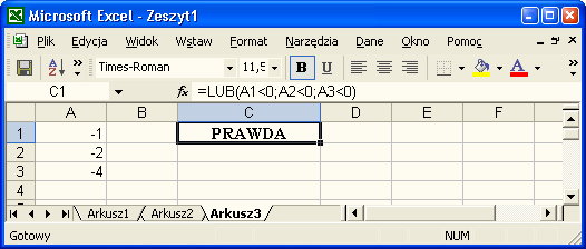 Funkcja LUB zwraca wartość PRAWDA jeśli przynajmniej jeden z argumentów ma wartość PRAWDA. W przeciwnym przypadku zwraca wartość FAŁSZ.