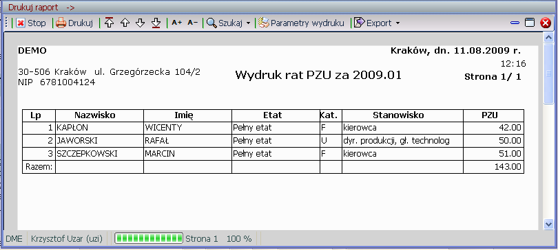 sortowanie po kwocie potrącenia PZU tytuł wydruku: Wydruk rat PZU Rys. 7.