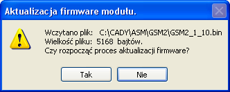 Następnie program zapyta, czy rozpocząć proces aktualizacji. Jeśli odpowiemy tak, program pokaże nam jaką wersję wczytaliśmy oraz jaka znajduje się aktualnie w module.