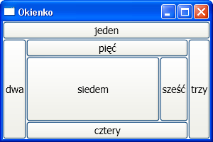 24/34 <DockPanel> dołączone <Window...> właściwości <DockPanel> <Button DockPanel.Dock="Top">jeden</Button> <Button DockPanel.Dock="Left">dwa</Button> <Button DockPanel.