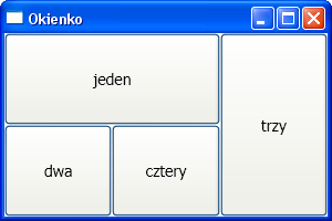 30/38 <Grid> <Window...> <Grid> <Grid.RowDefinitions>...</Grid.RowDefinitions> <Grid.ColumnDefinitions>...</Grid.ColumnDefinitions> <Button Grid.ColumnSpan="2">jeden</Button> <Button Grid.