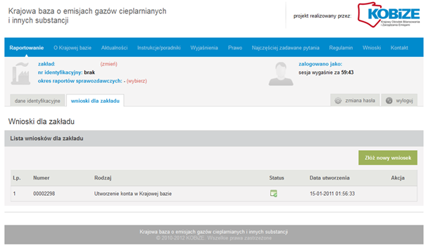 Rys. 1. Menu zakładu Aby wypełnić Formularz Aktualizacyjny i złożyć go w postaci elektronicznej należy nacisnąć przycisk Złóż nowy wniosek zlokalizowany z prawej strony ekranu.