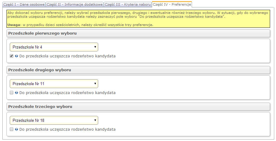 15 z 23 Po wybraniu (zaznaczeniu) kryteriów naboru, które spełnia Twoje dziecko, przejdź do zakładki Preferencje. Krok 3.4.