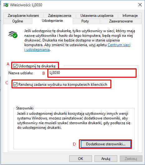 Ilustracja 7: Właściwości drukarki Przechodzimy do zakładki Udostępnianie (Rysunek 8). Ilustracja 8: Udostępnianie Tutaj zaznaczamy pola A i C.