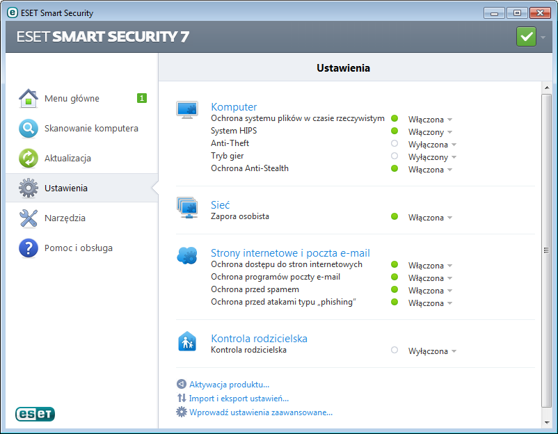 4. Praca z programem ESET Smart Security Korzystając z ustawień programu ESET Smart Security, można skonfigurować odpowiedni poziom ochrony komputera oraz sieci.