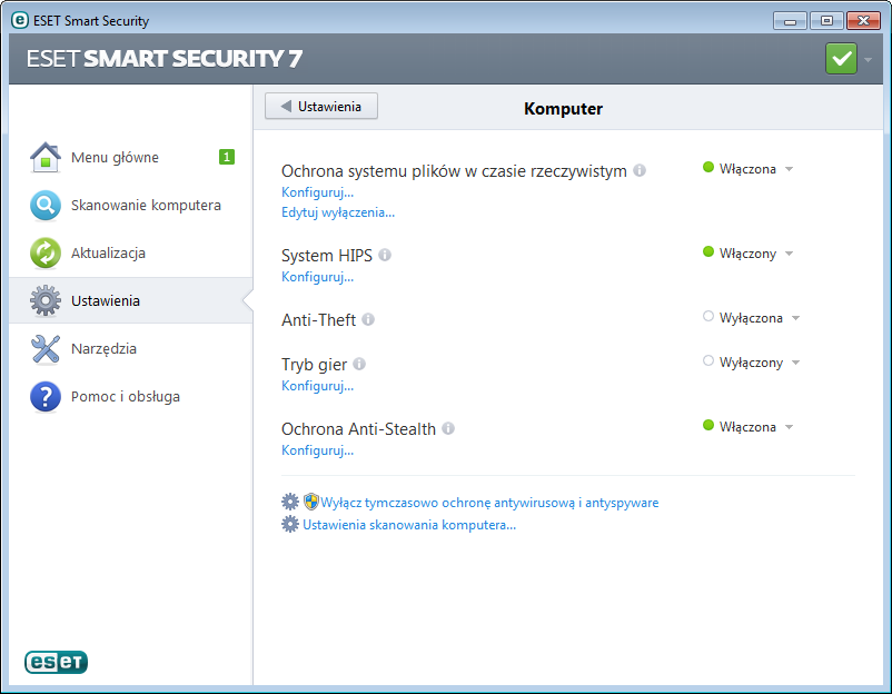 4.1 Komputer Moduł Komputer można otworzyć, klikając tytuł Komputer w okienku Ustawienia. Zostanie wyświetlone zestawienie informacji o wszystkich modułach ochrony.