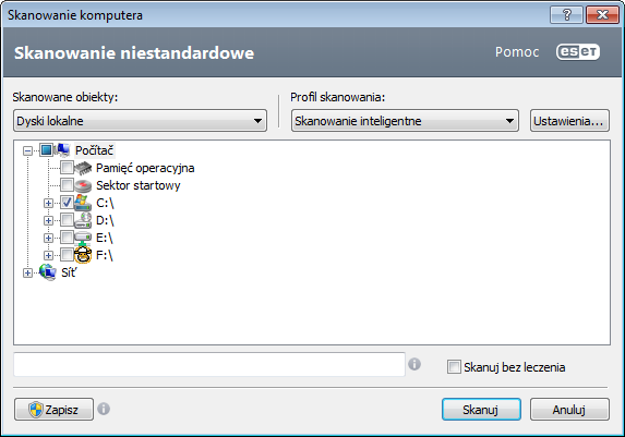 4.1.1.2.1 Program uruchamiający skanowanie niestandardowe Aby nie skanować całego dysku, a tylko określony obiekt, można użyć narzędzia skanowania niestandardowego.