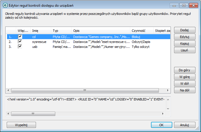 4.1.3.1 Reguły kontroli dostępu do urządzeń W oknie Edytor reguł kontroli dostępu do urządzeń są wyświetlane istniejące reguły.