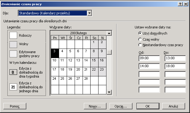 Okno dialogowe Zmienianie czasu pracy Zakres dat, jaki możesz modyfikować w kalendarzu to: 01-01-1984 do 31-12-2049. Jednocześnie są to daty ograniczające każdy projekt w programie.
