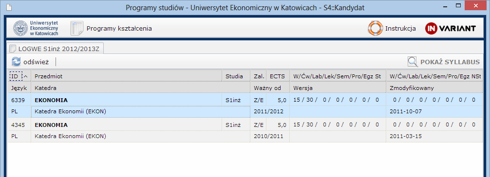 4.2. WYBÓR Z LISTY SYLABUSÓW Jeśli chcemy zobaczyć konkretny sylabus, należy kliknąć go na liście, a następnie kliknąć przycisk. Zostanie wyświetlony sylabus tak jak w sytuacji 1.