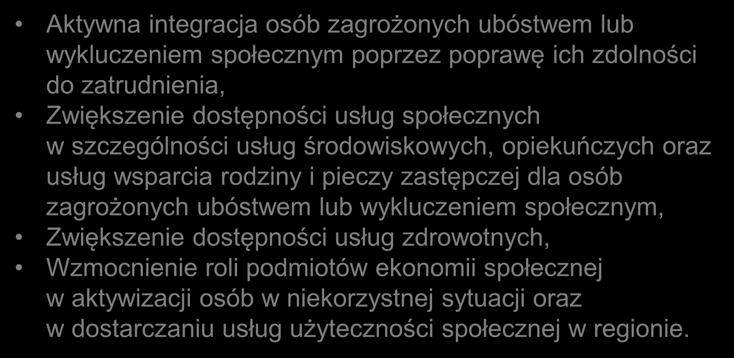 Cele szczegółowe osi priorytetowej Aktywna integracja osób zagrożonych ubóstwem lub wykluczeniem społecznym poprzez poprawę ich zdolności do zatrudnienia, Zwiększenie dostępności usług społecznych w