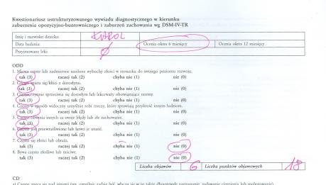 ODD 4 8 objawów Kwestionariusz ADHD CD od 3 objawów Kwestionariusz ODD 40 II sesja diagnostyczna Wypełnienie z rodzicami kwestionariuszy wywiadu w kierunku zaburzenia