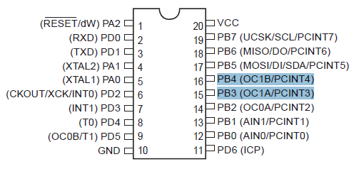 Rys 1 Kanały PWM wykorzystywane do obsługi silników wyprowadzone są na port B mikrokontrolera. Kanał A PB3, kanał B PB4.