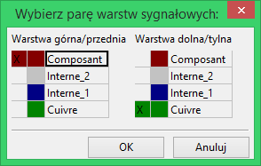 Wybór warstw dla stawiania przelotek W przypadku pracy w trybie Ścieżek i autoroutingu, (aktywna jest ikona na głównym pasku narzędzi), menu podręczne dostarcza dodatkowych opcji związanych z wyborem