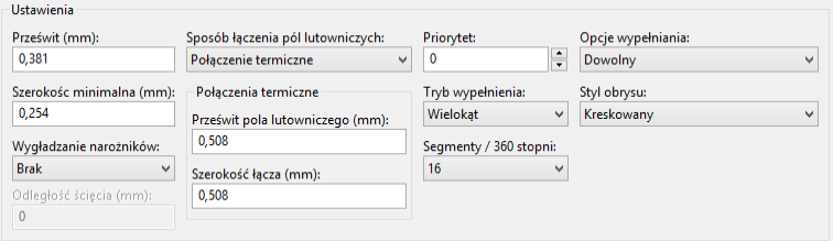 Opcje wypełnienia Za pomocą tych opcji można: Wybrać tryb wypełnienia (Wielokąt, Segment). Wybrać prześwit dla strefy i minimalną szerokość wypełnienia.