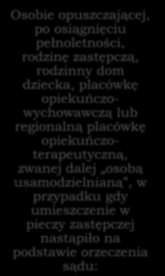 Pomoc dla osób usamodzielnianych Osobie opuszczającej, po osiągnięciu pełnoletności, rodzinę zastępczą, rodzinny dom dziecka, placówkę opiekuńczowychowawczą lub regionalną placówkę