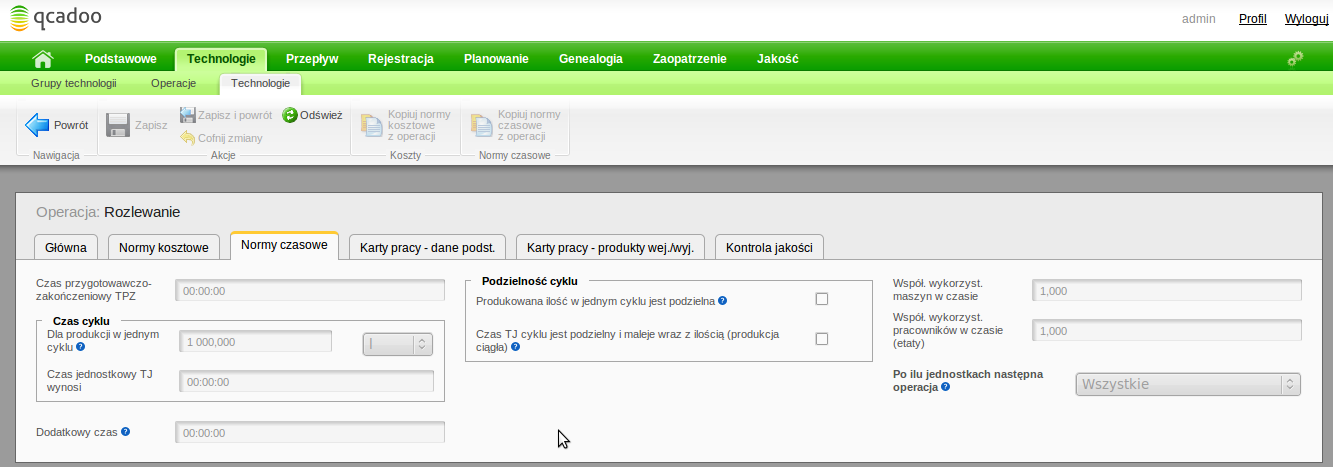 Następnie należy dokonać zapisu przy pomocy przycisku Zapisz. W taki sposób należy utworzyć trzy technologie, definiujące produkcję piwa w kegach, puszkach i butelkach.