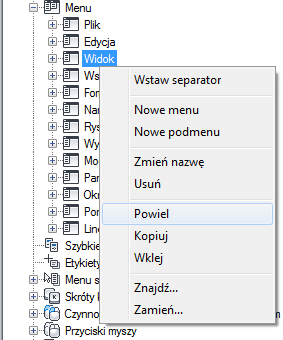 UWAGA Do skopiowania elementu interfejsu użytkownika można użyć kombinacji klawiszy Ctrl+C, natomiast do wklejenia elementu interfejsu użytkownika do panelu Dostosowywanie w <nazwa pliku> można użyć