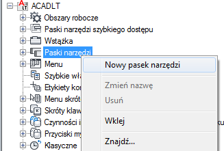 2 W edytorze Dostosuj interfejs użytkownika, na karcie Dostosuj, w panelu Dostosowywanie w <nazwa pliku> kliknij prawym przyciskiem myszy opcję Paski narzędzi. Kliknij polecenie Nowy pasek narzędzi.
