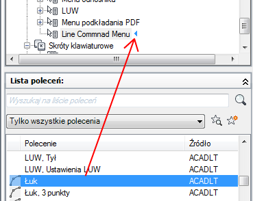 g W panelu Lista poleceń przeciągnij polecenie, które chcesz dodać do położenia poniżej menu skrótów w panelu Dostosowywanie w <nazwa pliku>.