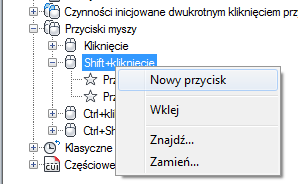 Następna tabela pokazuje właściwości kliknięcia przyciskiem myszy pojawiające się w panelu Właściwości.