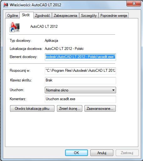 2 W programie AutoCAD LT, w oknie dialogowym Właściwości, na karcie Skrót, w polu Docelowy dokonaj edycji parametrów przełącznika przy użyciu następującej składni: litera