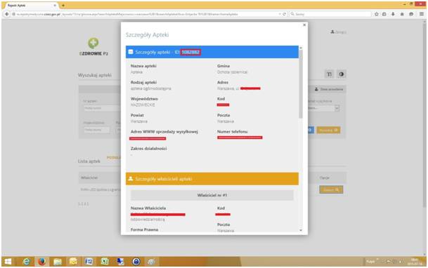 Otwiera się nowe okno z danymi Apteki oraz poszukiwanym Identyfikatorem znajdującym się na niebieskim pasku po ID: W analogiczny sposób postępujemy w przypadku