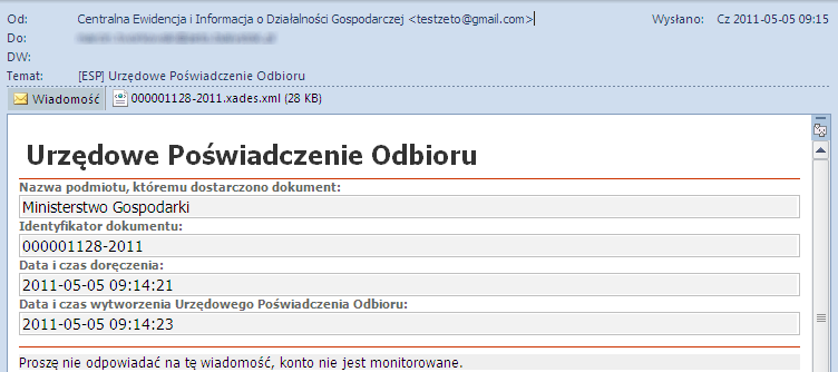 Dla każdego wysłanego wniosku w ST CEIDG wysyłana jest, na adres e-mail użytkownika składającego