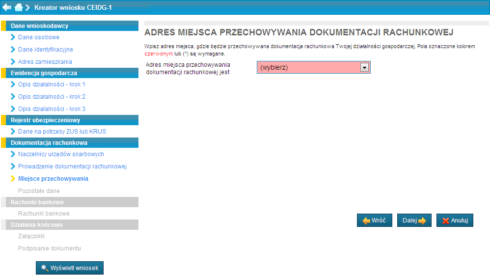 Wypełnienie danych dotyczących miejsca przechowywania dokumentacji.