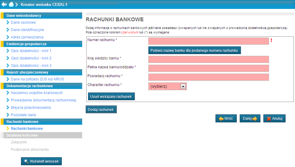 Wypełnienie danych dotyczących