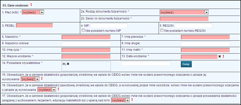 1. Wprowadzenie danych osobowych