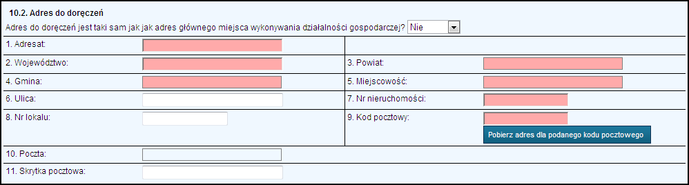 10. Wprowadzenie adresu głównego miejsca