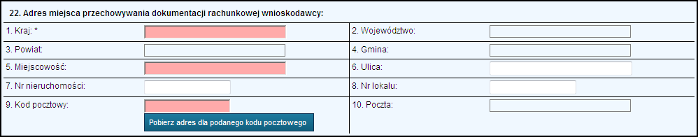 16. Wprowadzenie adresu miejsca przechowywania dokumentacji rachunkowej wnioskodawcy 17.