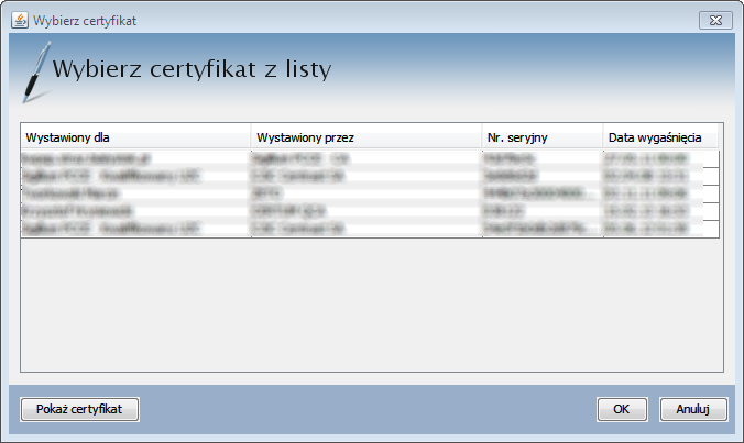 Wybór certyfikatu do podpisu składanego