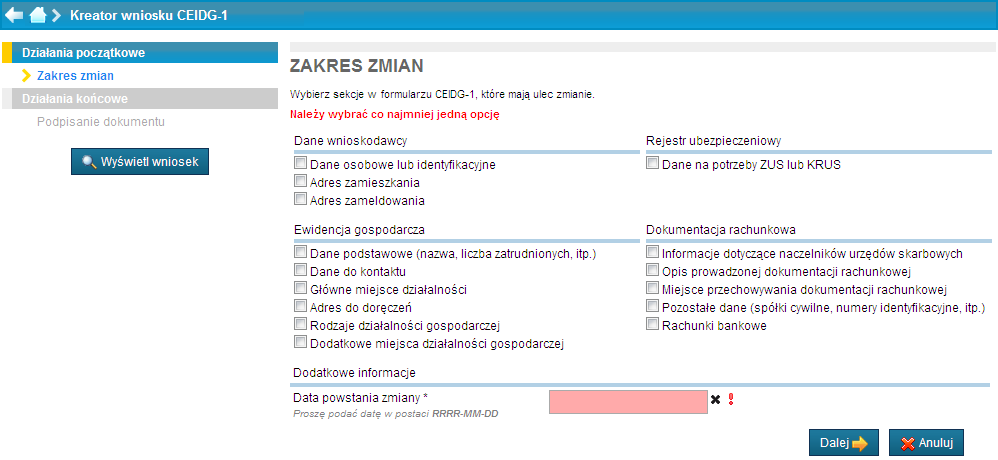 Należy określić zakres zmian we wpisie w