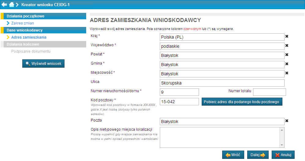 Wyświetli się sekcja, która użytkownik chce zmienić.