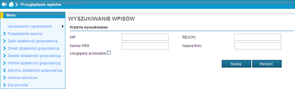 Wyszukiwanie wpisów w CEIDG Wprowadzenie numeru KRS w kryteriach wyszukiwania i wybranie przycisku Szukaj powoduje