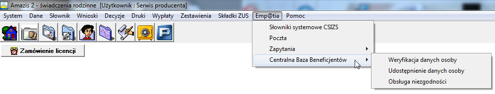 5. WSPÓŁPRACA Z CENTRALNĄ BAZĄ BENEFICJENTÓW Z głównego menu programu wybieramy opcję Emp@tia Centralna baza Beneficjentów: a) Weryfikacja danych osoby Jeżeli wystąpi konieczność zweryfikowania