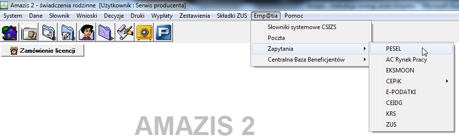 a 2) Udostępnienie danych Amazis świadczenia rodzinne W celu uzyskania informacji dotyczącej wszystkich danych osoby zapisanej na bazie systemu dziedzinowego a danych zapisanych w bazie PESEL