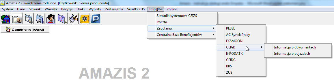 d) CEPiK Amazis świadczenia rodzinne Jeżeli wystąpi konieczność uzyskania danych osoby zapisanej w bazie danych programu w bazie CEPiK należy z głównego menu programu wybrać opcję Emp@tia Zapytania