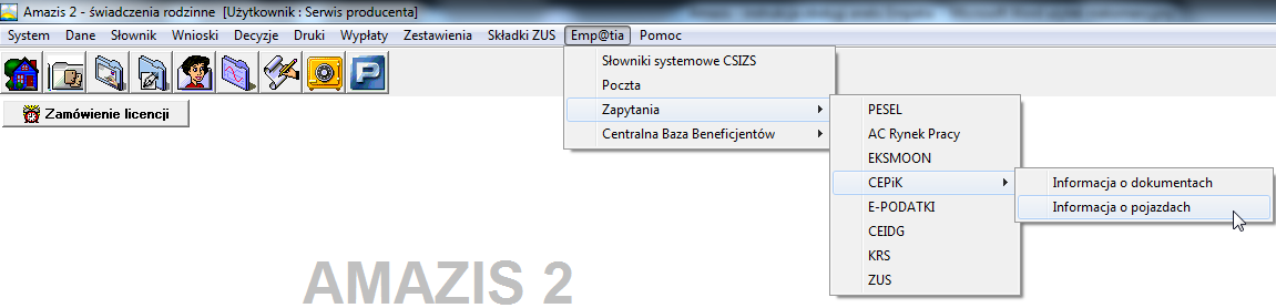 a 2) Informacja o pojazdach Amazis świadczenia rodzinne W celu uzyskania informacji o pojazdach osoby zapisanej na bazie systemu dziedzinowego z danych zapisanych w bazie CEPIK wybieramy z głównego