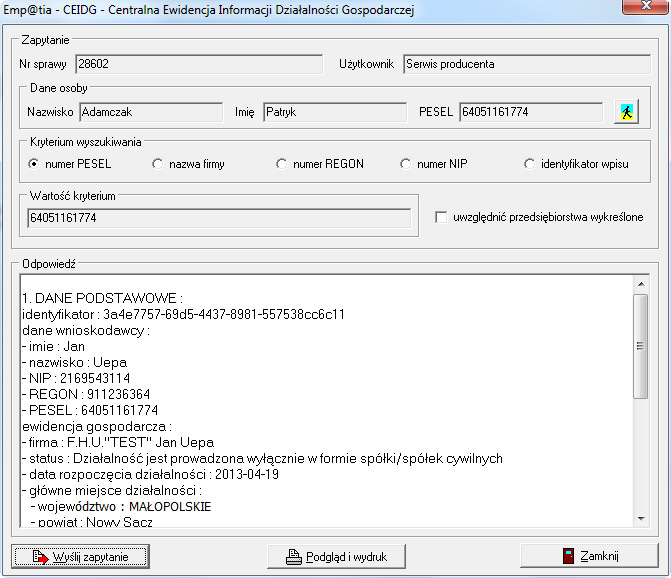 Jeżeli program otrzyma odpowiedź z bazy CEIDG na ekranie pojawi się okno z danymi zwróconymi przez serwer CSIZS.
