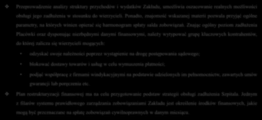 Plan restrukturyzacji finansowej Restrukturyzacja finansowa Przeprowadzenie analizy struktury przychodów i wydatków Zakładu, umożliwia oszacowanie realnych możliwości obsługi jego zadłużenia w