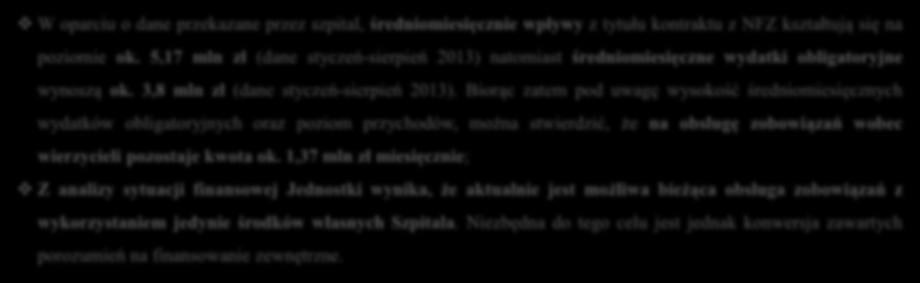 Plan restrukturyzacji finansowej W oparciu o dane przekazane przez szpital, średniomiesięcznie wpływy z tytułu kontraktu z NFZ kształtują się na poziomie ok.