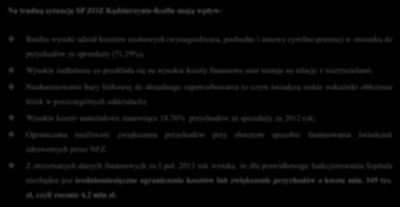 Kierunki zmian Na trudną sytuację SP ZOZ Kędzierzynie-Koźlu mają wpływ: Bardzo wysoki udział kosztów osobowych (wynagrodzenia, pochodne i umowy cywilno-prawne) w stosunku do przychodów ze sprzedaży