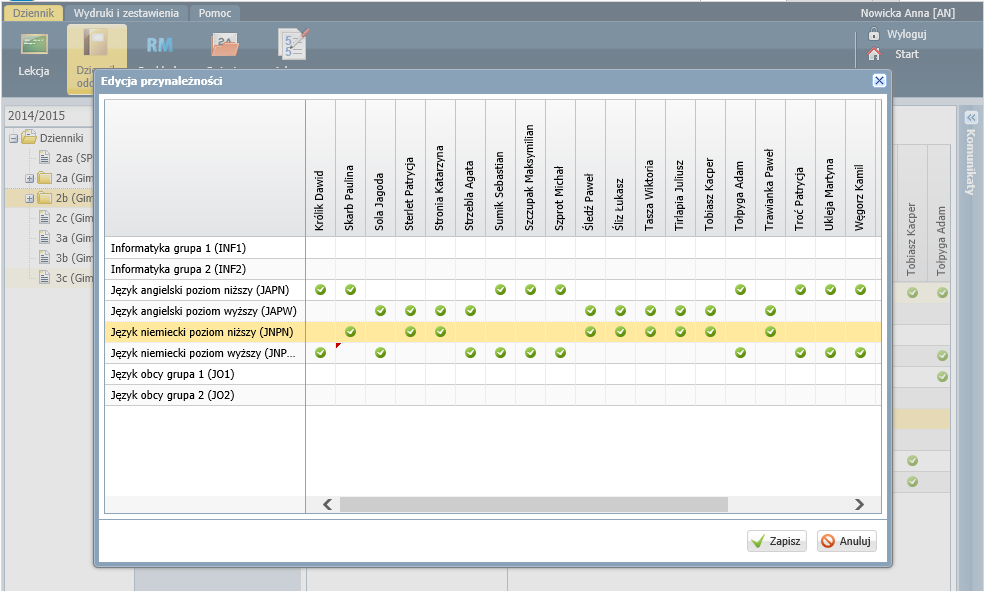 19 W oknie Edycja przynależności przypisz właściwych uczniów do podziałów, które występują w oddziale.