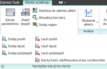 korytarza należy wprowadzad ręcznie za pomocą ikony Dodaj przekrój z panelu Modyfikuj przekroje korytarza. f. Narzędzia edycji przekrojów korytarza.